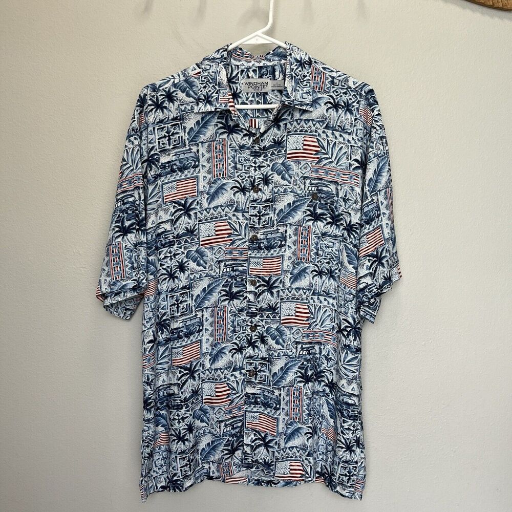 Windham Pointe | Hawaiian Aloha Shirt USA Flag Floral Red White Blue Medium VTG - Picture 2 of 5